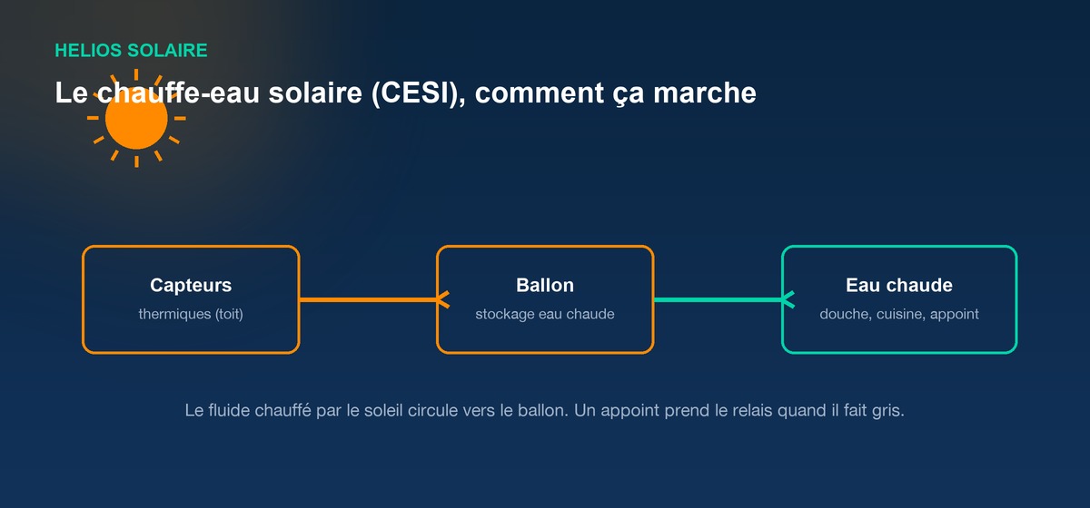 Schéma du fonctionnement d'un chauffe-eau solaire : capteurs thermiques sur le toit, ballon de stockage et distribution d'eau chaude avec appoint