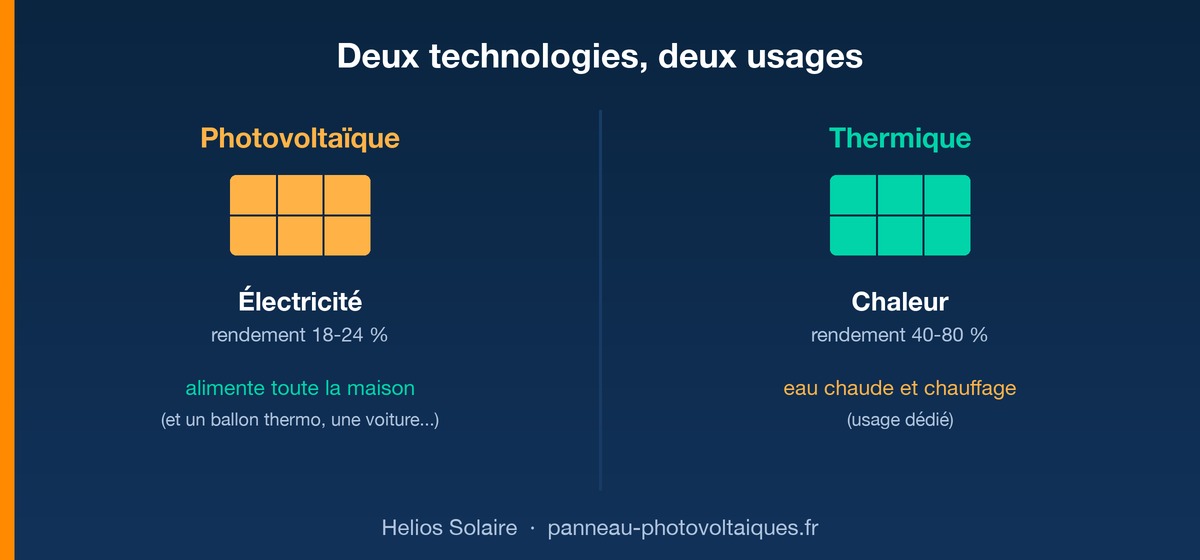 Schéma comparatif : le photovoltaïque produit de l'électricité pour toute la maison, le thermique produit de la chaleur pour l'eau chaude et le chauffage